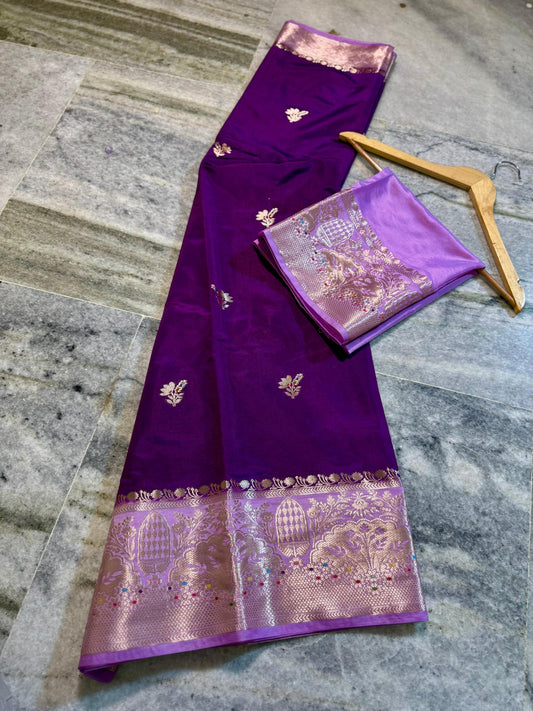 Deep Purple Raw Mango Silk Saree with Lavender Border & Meenakari Zari Work