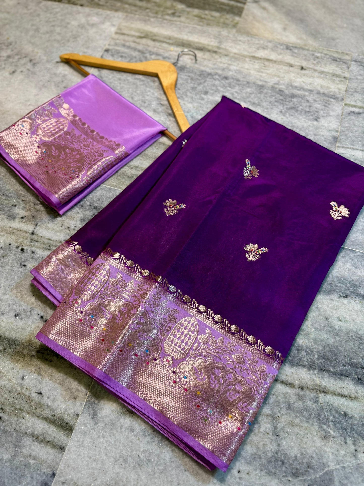 Deep Purple Raw Mango Silk Saree with Lavender Border & Meenakari Zari Work