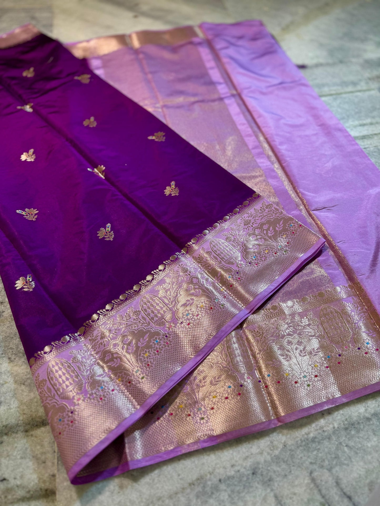 Deep Purple Raw Mango Silk Saree with Lavender Border & Meenakari Zari Work