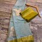 Powder Blue Dupion Silk Saree with Olive Green Border & Gold Zari Leaf Motifs