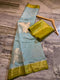 Powder Blue Dupion Silk Saree with Olive Green Border & Gold Zari Leaf Motifs
