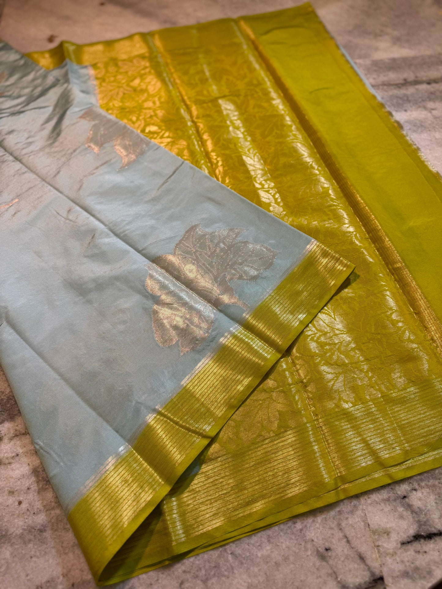 Powder Blue Dupion Silk Saree with Olive Green Border & Gold Zari Leaf Motifs