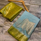 Powder Blue Dupion Silk Saree with Olive Green Border & Gold Zari Leaf Motifs
