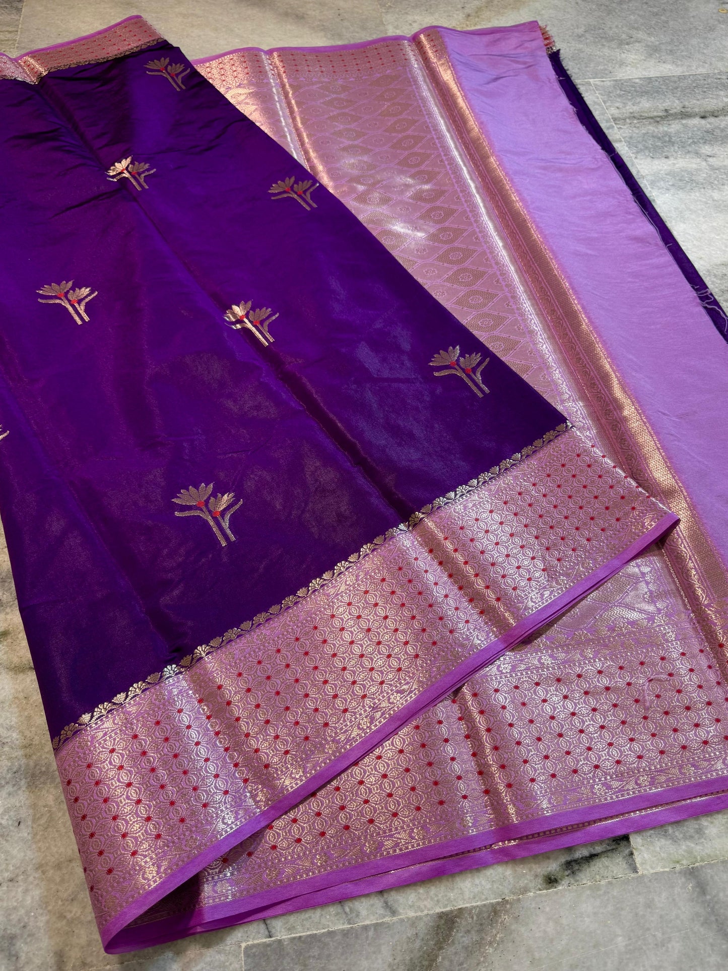 Deep Purple Dupion Silk Saree with Soft Lavender Border & Meenakari Floral Motifs