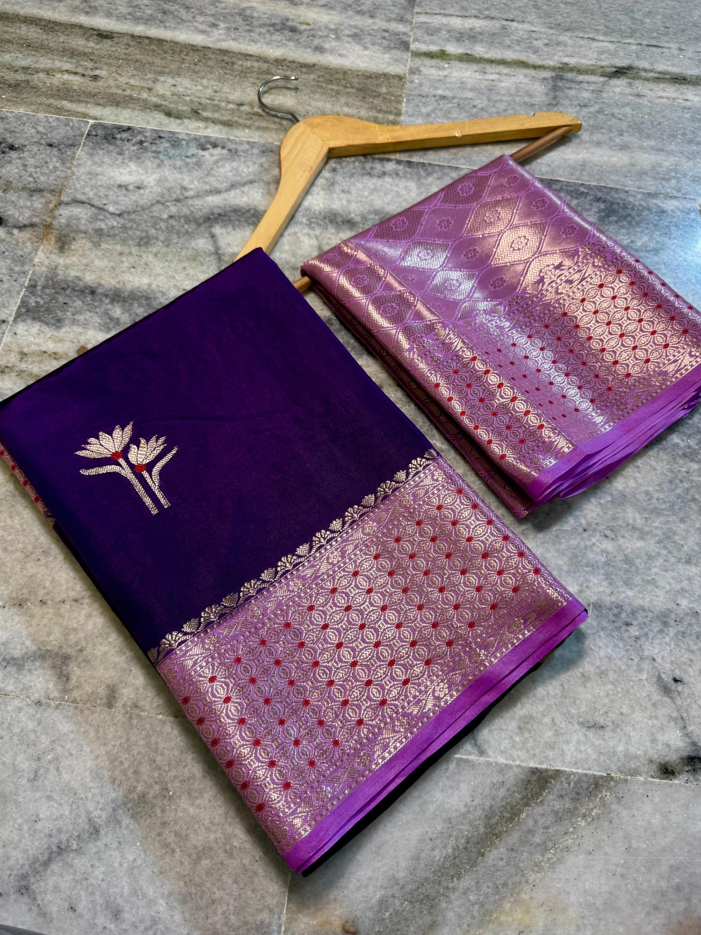 Deep Purple Dupion Silk Saree with Soft Lavender Border & Meenakari Floral Motifs