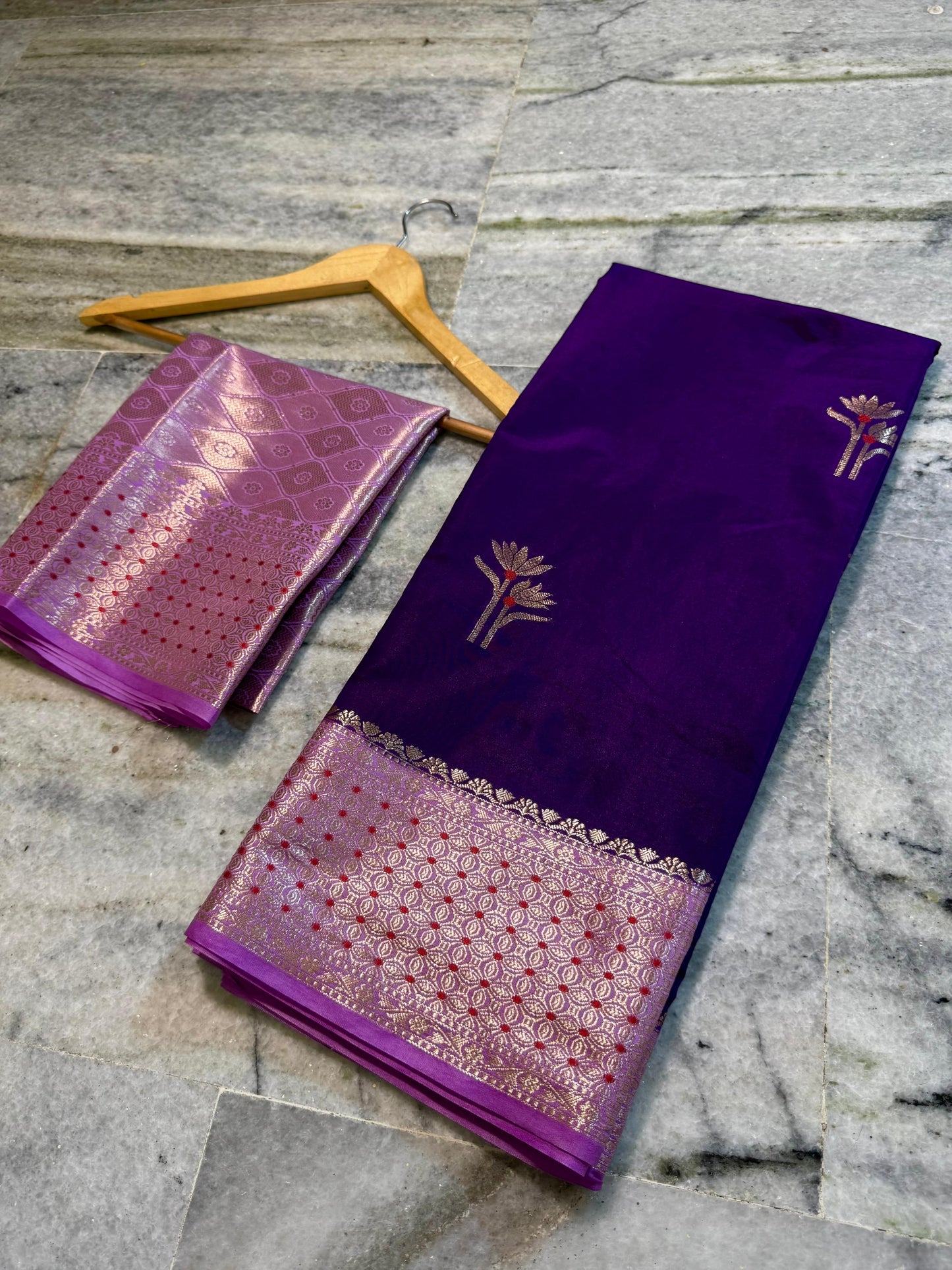 Deep Purple Dupion Silk Saree with Soft Lavender Border & Meenakari Floral Motifs