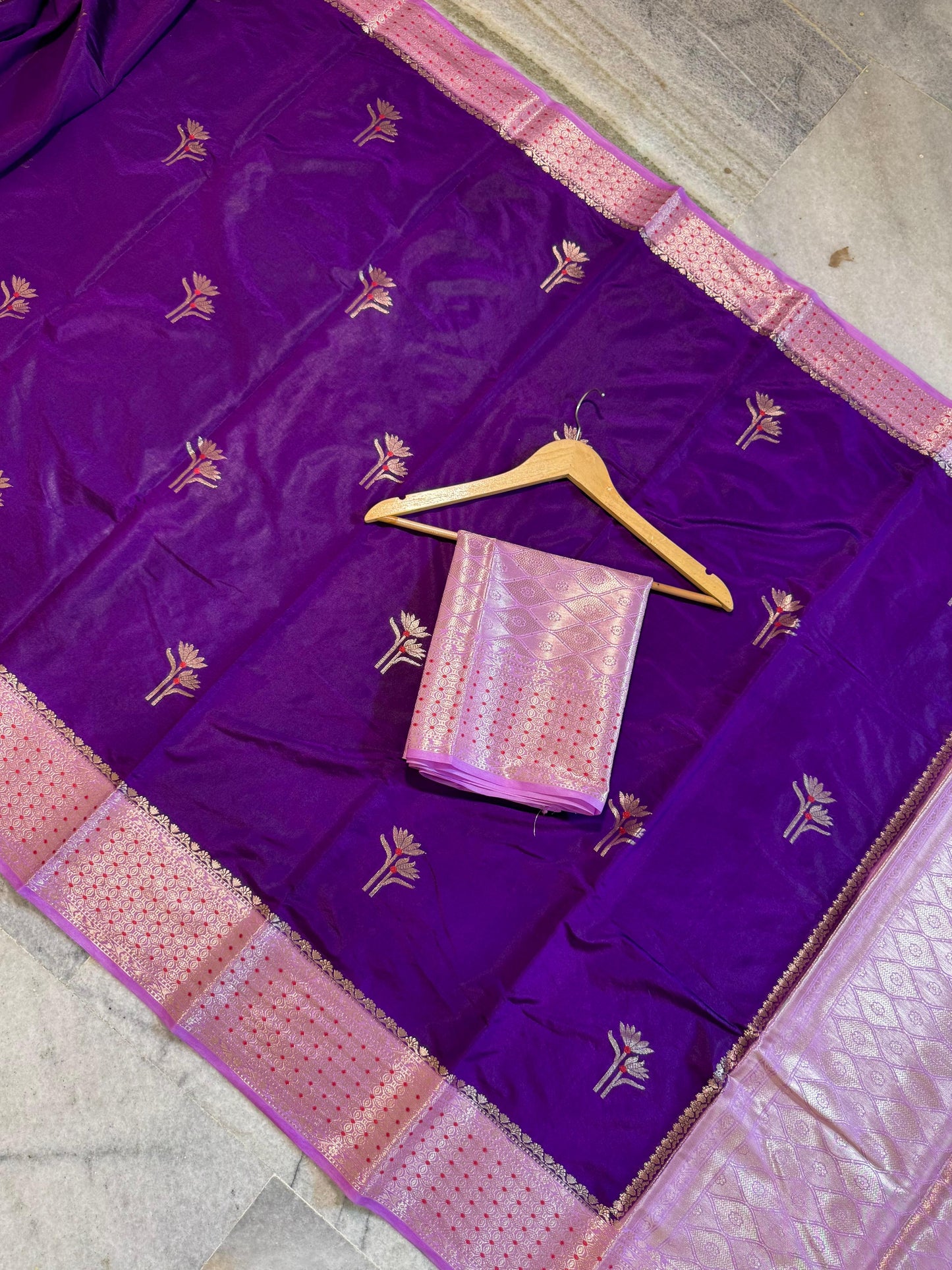 Deep Purple Dupion Silk Saree with Soft Lavender Border & Meenakari Floral Motifs