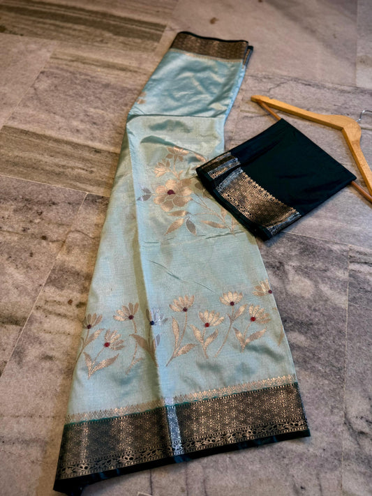 Sea Green Dupion Silk Saree with Dark Bottle Green Border & Meenakari Floral Weaving