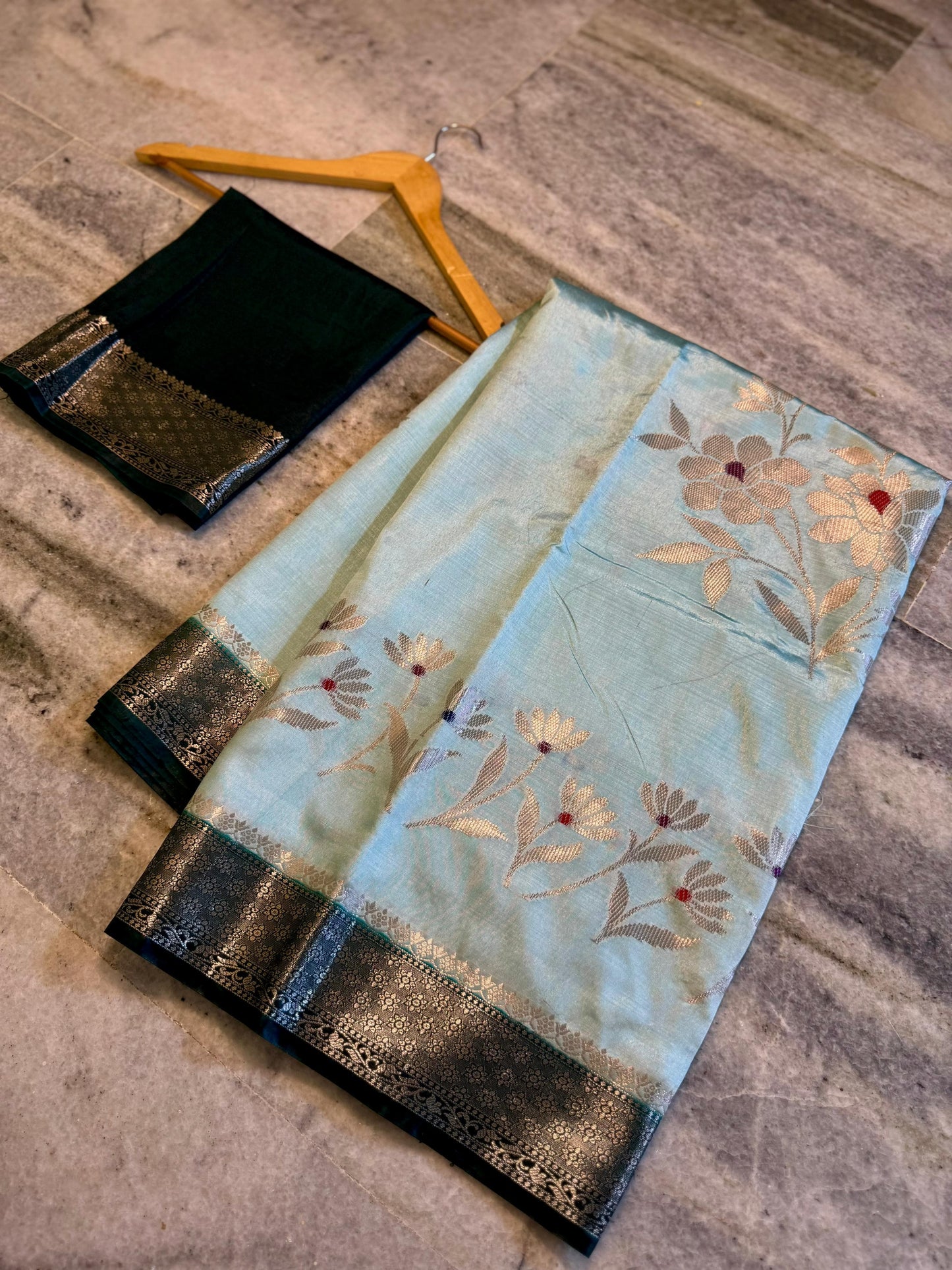 Sea Green Dupion Silk Saree with Dark Bottle Green Border & Meenakari Floral Weaving