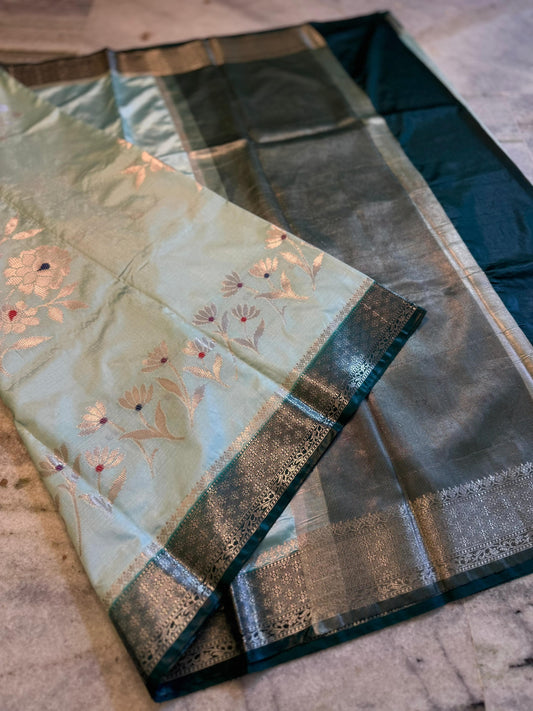 Sea Green Dupion Silk Saree with Dark Bottle Green Border & Meenakari Floral Weaving