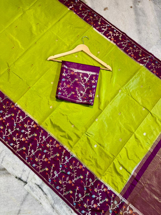 Lime Green Dupion Silk Saree with Wine Purple Border & Meenakari Floral Jaal