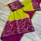 Lime Green Dupion Silk Saree with Wine Purple Border & Meenakari Floral Jaal
