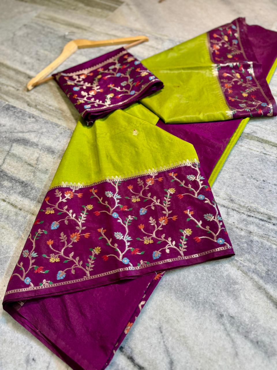 Lime Green Dupion Silk Saree with Wine Purple Border & Meenakari Floral Jaal
