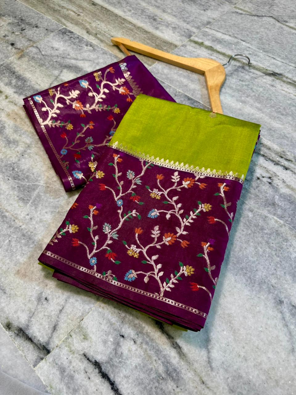 Lime Green Dupion Silk Saree with Wine Purple Border & Meenakari Floral Jaal
