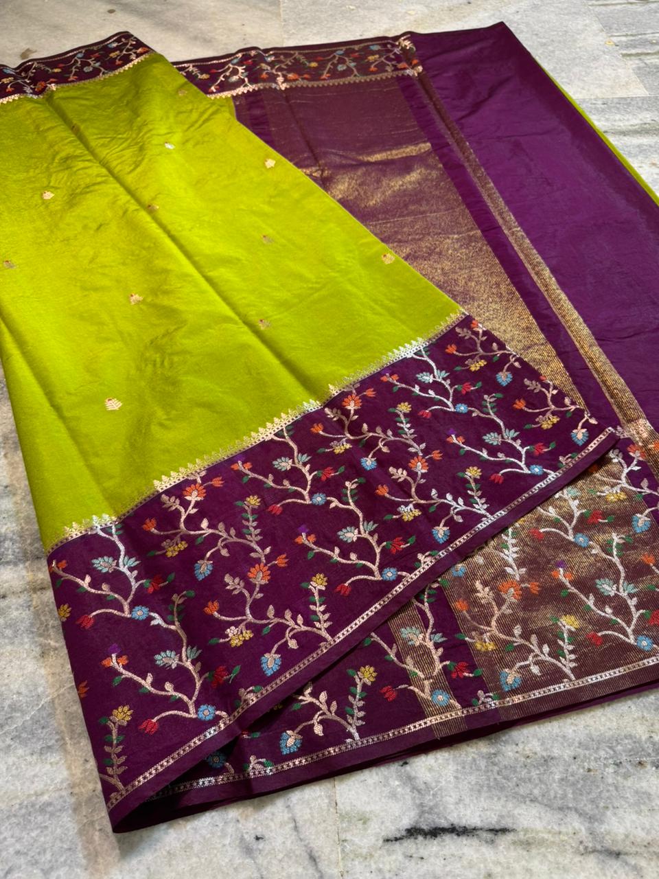 Lime Green Dupion Silk Saree with Wine Purple Border & Meenakari Floral Jaal