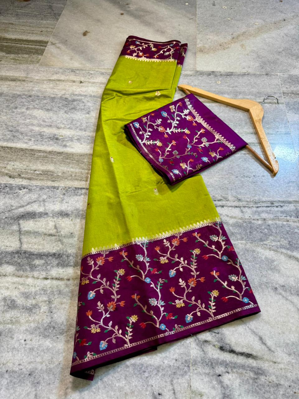 Lime Green Dupion Silk Saree with Wine Purple Border & Meenakari Floral Jaal