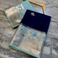Royal Navy Blue Dupion Silk Saree with Ice Blue Border & Rose Gold Zari Meenakari Weaving