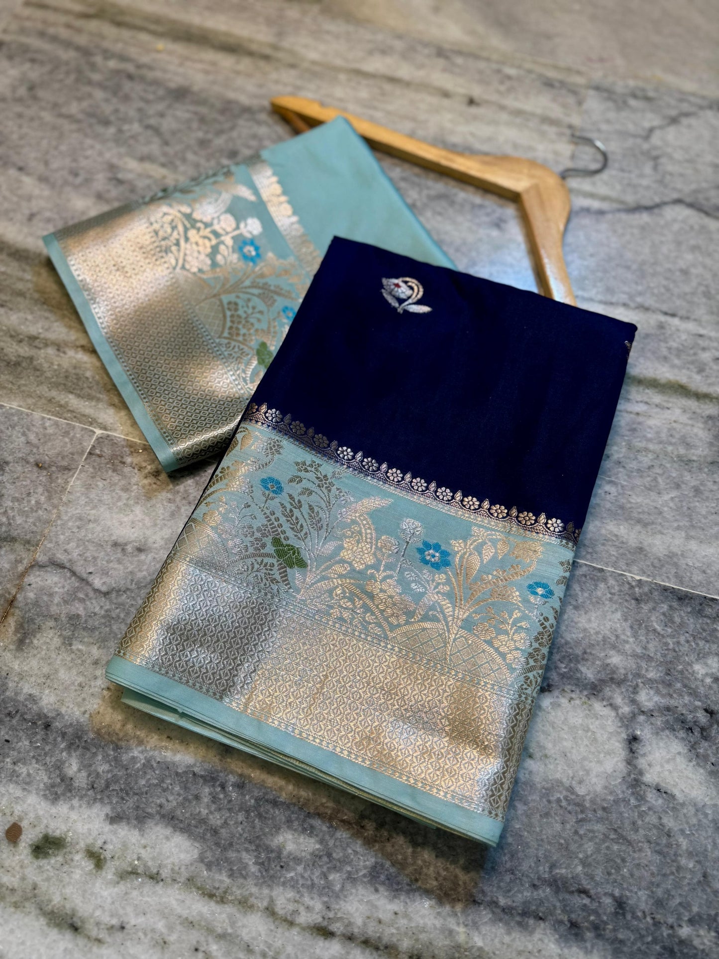 Royal Navy Blue Dupion Silk Saree with Ice Blue Border & Rose Gold Zari Meenakari Weaving