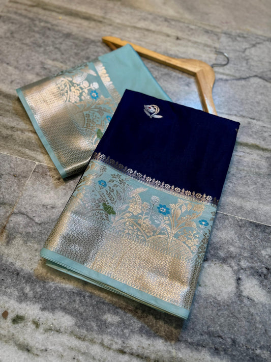 Royal Navy Blue Dupion Silk Saree with Ice Blue Border & Rose Gold Zari Meenakari Weaving