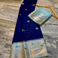 Royal Navy Blue Dupion Silk Saree with Ice Blue Border & Rose Gold Zari Meenakari Weaving