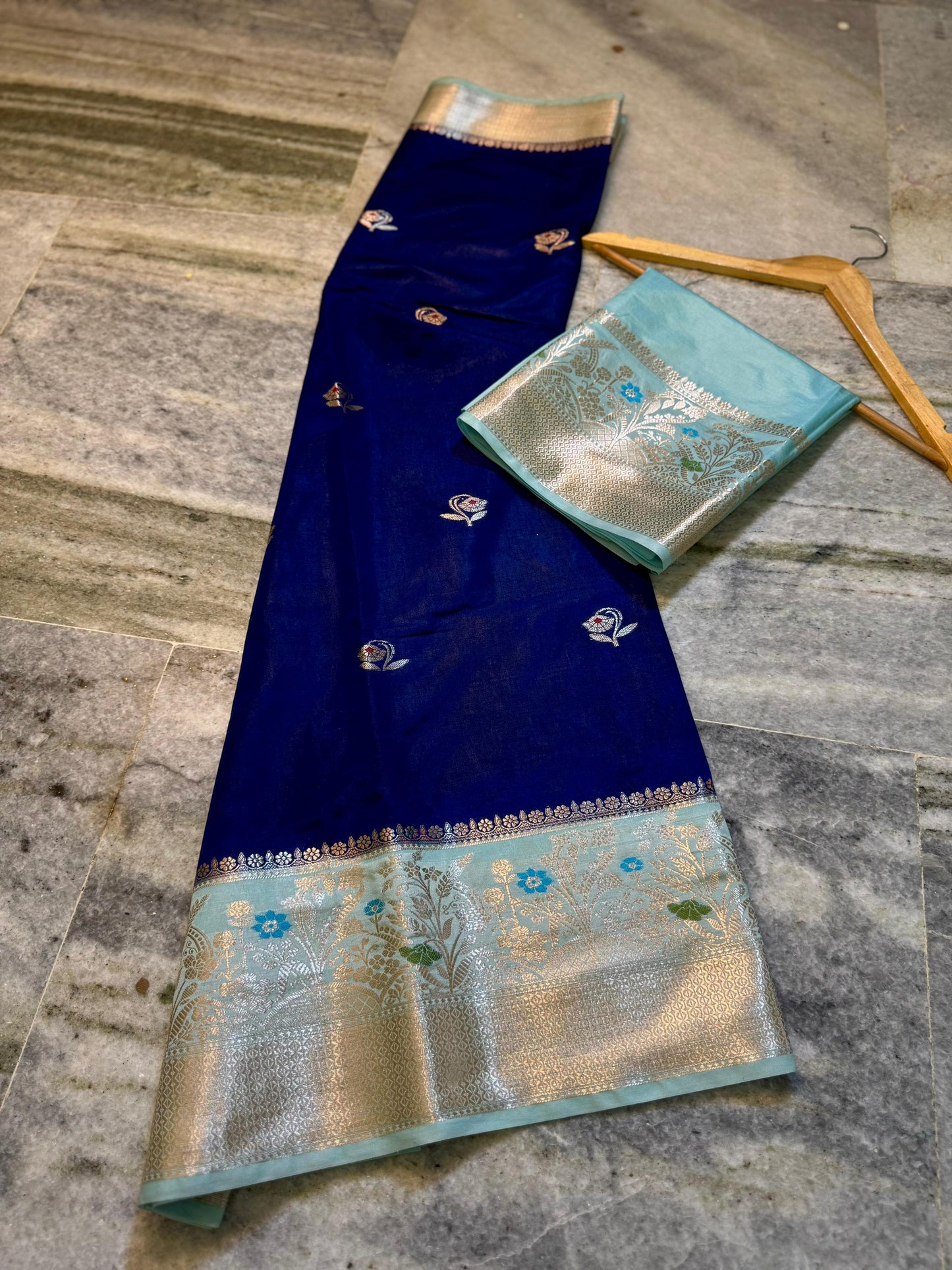 Royal Navy Blue Dupion Silk Saree with Ice Blue Border & Rose Gold Zari Meenakari Weaving