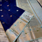 Royal Navy Blue Dupion Silk Saree with Ice Blue Border & Rose Gold Zari Meenakari Weaving