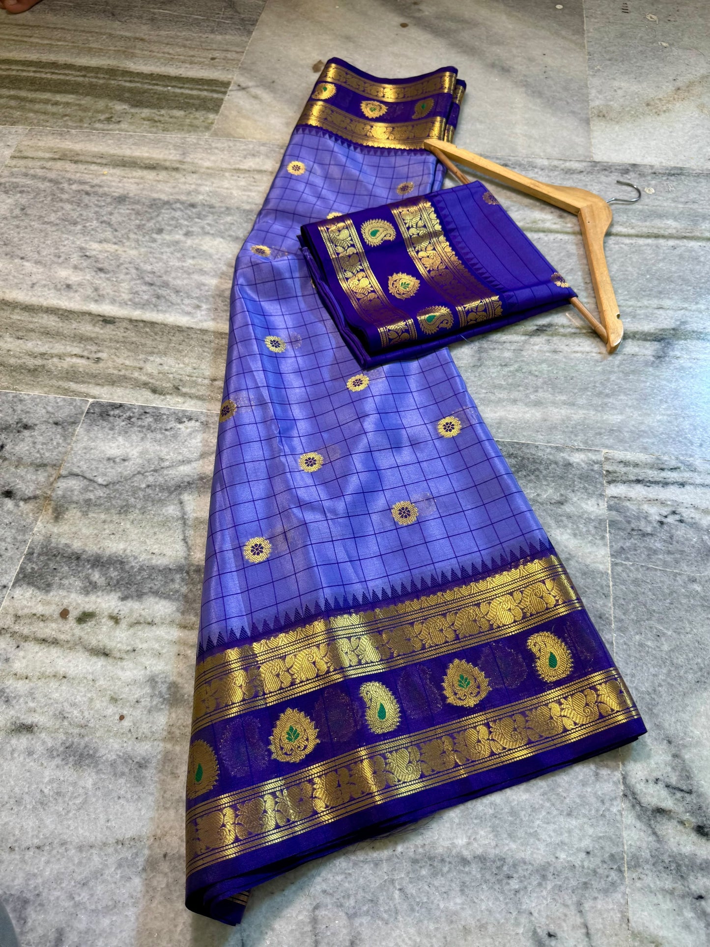 Periwinkle Blue Banarasi Silk Saree with Purple Temple Border & Gold Zari Paisley Weaving
