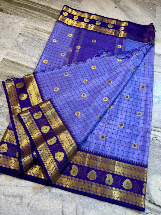 Periwinkle Blue Banarasi Silk Saree with Purple Temple Border & Gold Zari Paisley Weaving