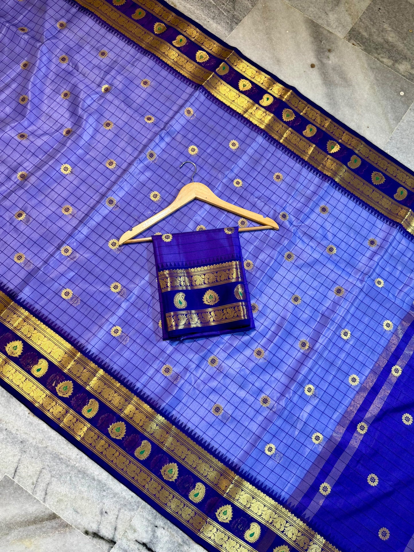 Periwinkle Blue Banarasi Silk Saree with Purple Temple Border & Gold Zari Paisley Weaving