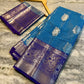 Sky Blue Banarasi Silk Saree with Purple Border & Silver Zari Floral Weaving