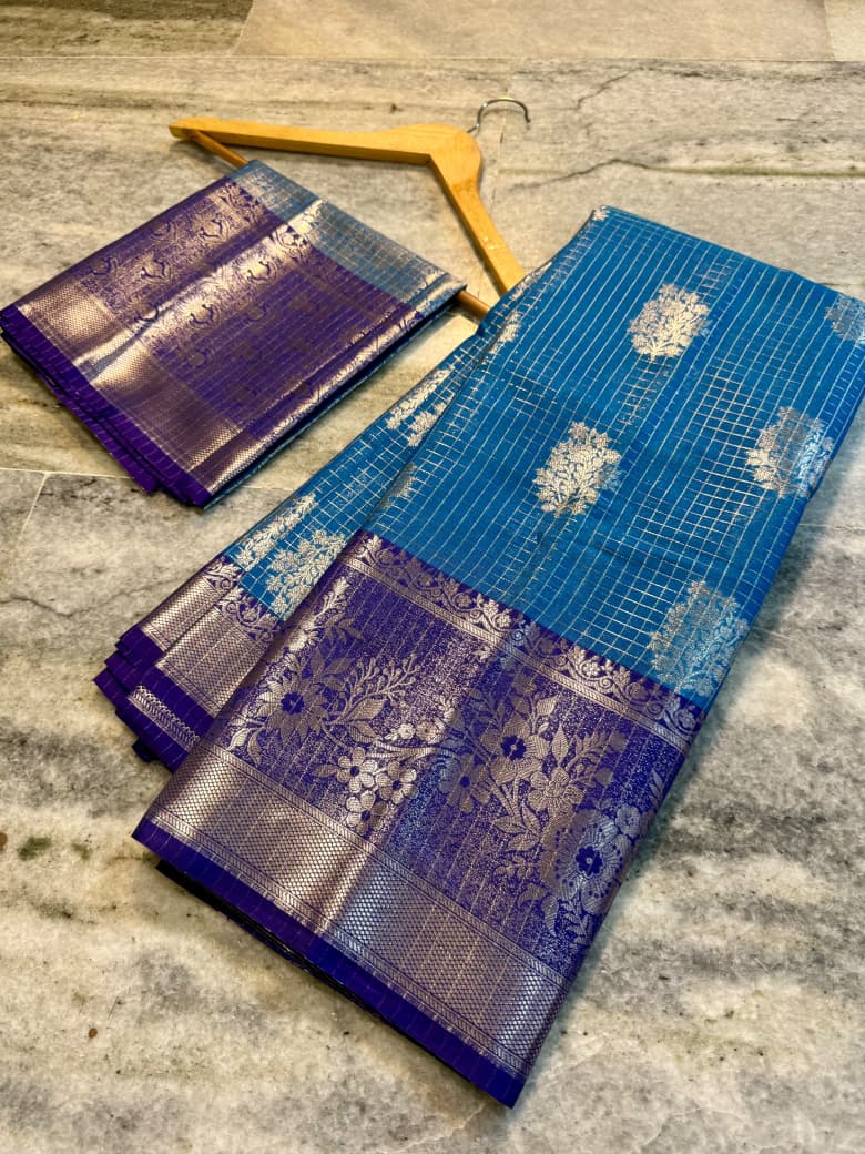 Sky Blue Banarasi Silk Saree with Purple Border & Silver Zari Floral Weaving