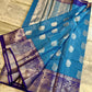 Sky Blue Banarasi Silk Saree with Purple Border & Silver Zari Floral Weaving