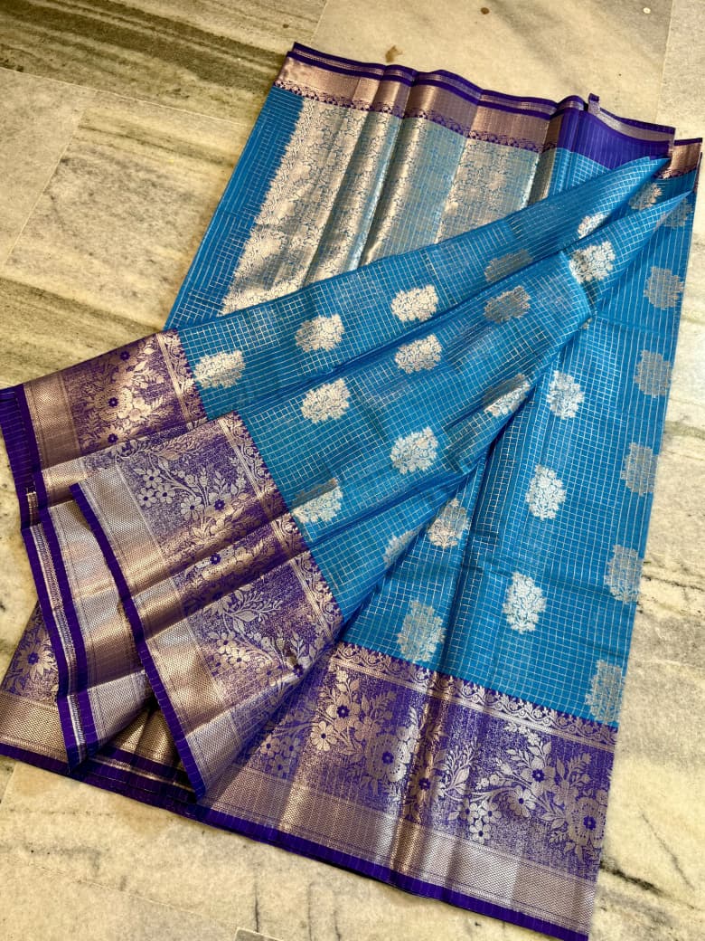 Sky Blue Banarasi Silk Saree with Purple Border & Silver Zari Floral Weaving