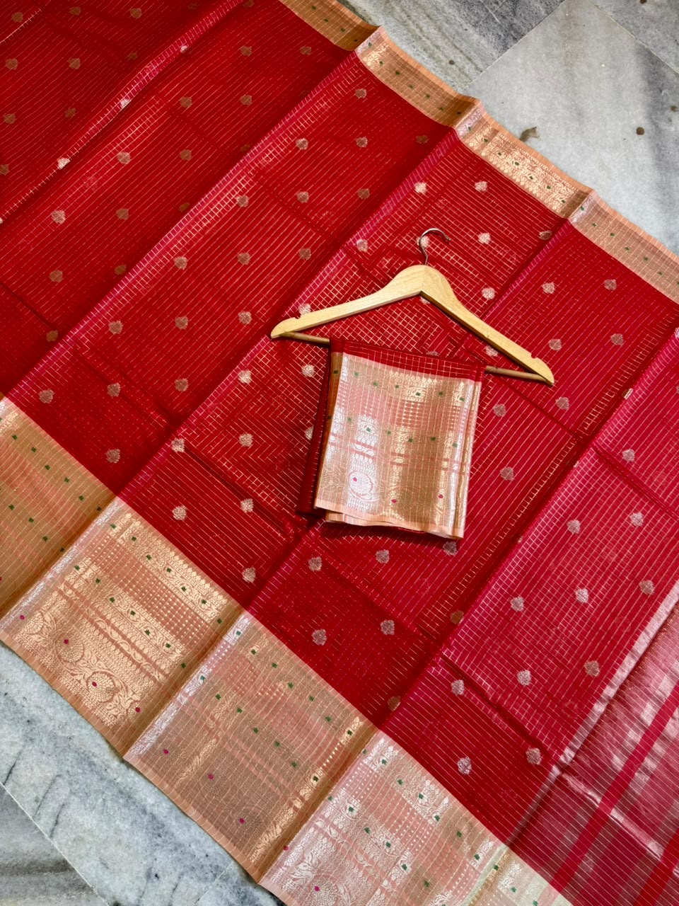 Vibrant Red Banarasi Silk Saree with Gold & Silver Zari Checks and Tissue Border