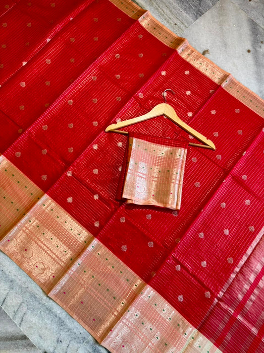 Vibrant Red Banarasi Silk Saree with Gold & Silver Zari Checks and Tissue Border