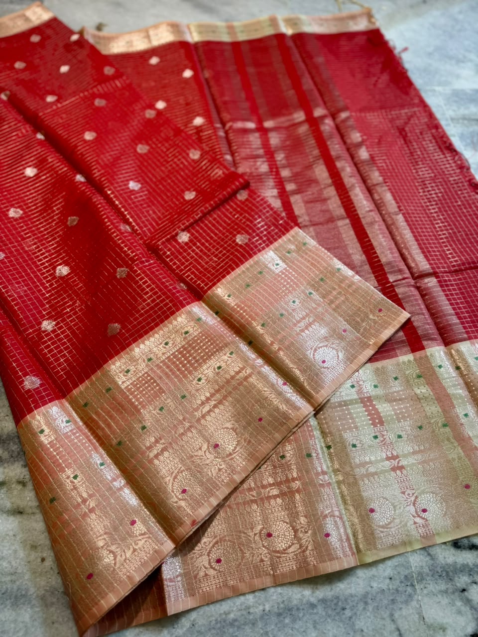 Vibrant Red Banarasi Silk Saree with Gold & Silver Zari Checks and Tissue Border