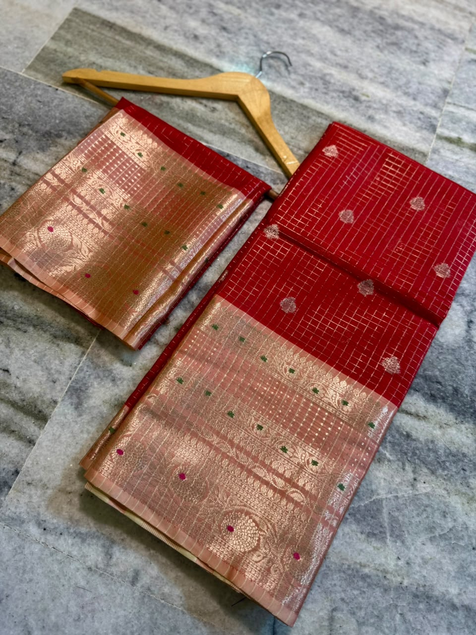 Vibrant Red Banarasi Silk Saree with Gold & Silver Zari Checks and Tissue Border