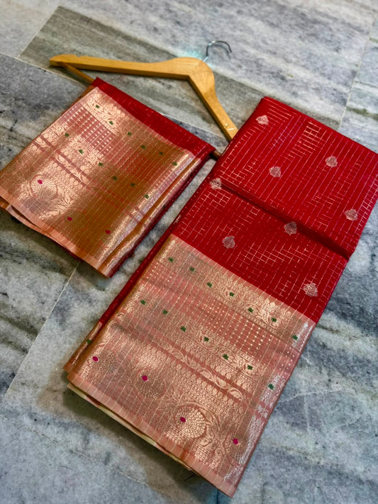 Vibrant Red Banarasi Silk Saree with Gold & Silver Zari Checks and Tissue Border