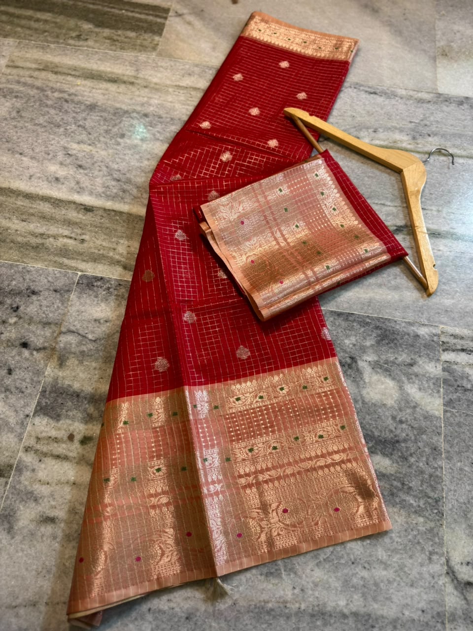 Vibrant Red Banarasi Silk Saree with Gold & Silver Zari Checks and Tissue Border