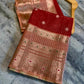Vibrant Red Banarasi Silk Saree with Gold & Silver Zari Checks and Tissue Border