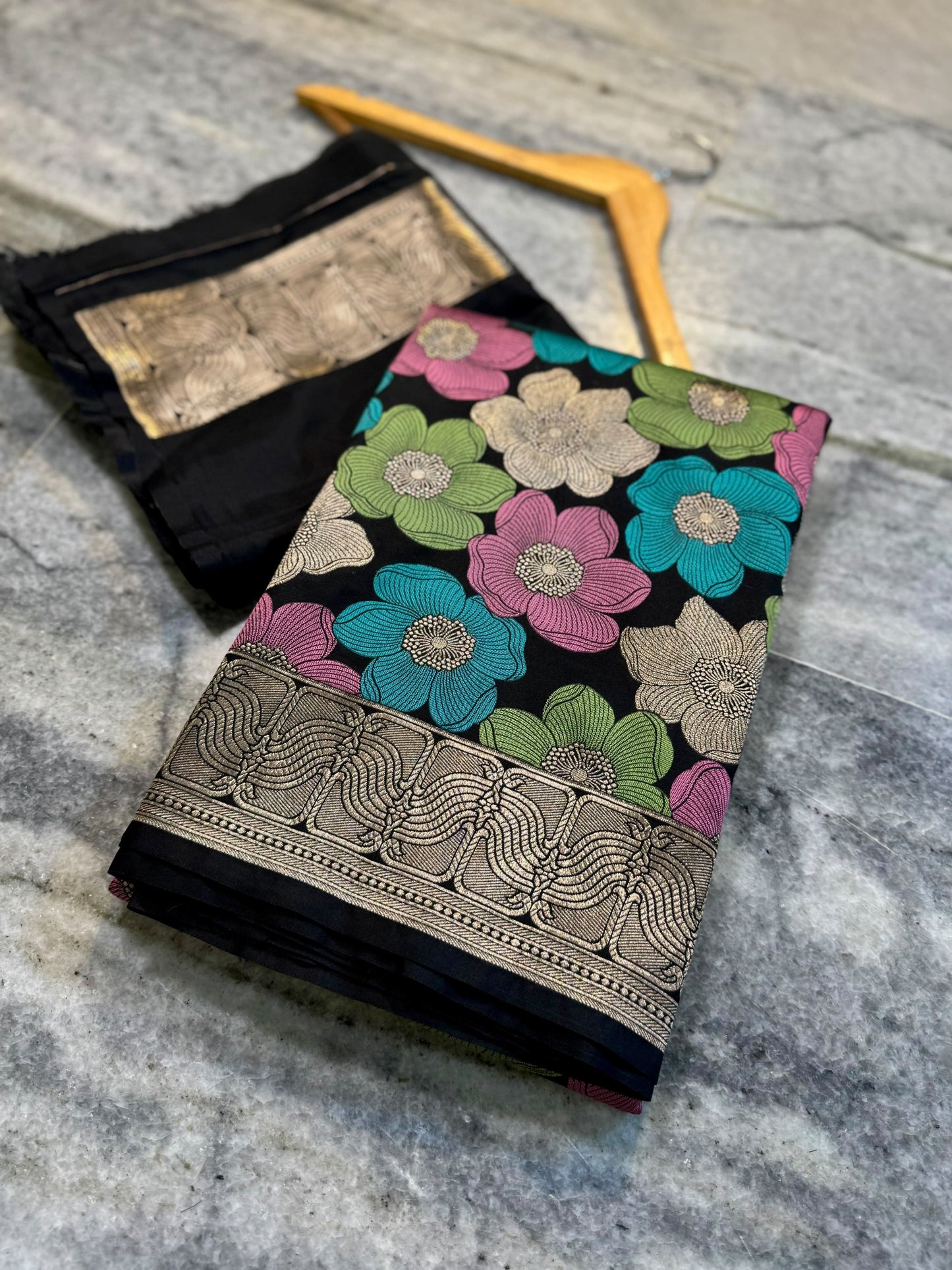 Black Nita Ambani Inspired Mashru Silk Saree with Multicolor Floral Weaving & Antique Gold Zari Border
