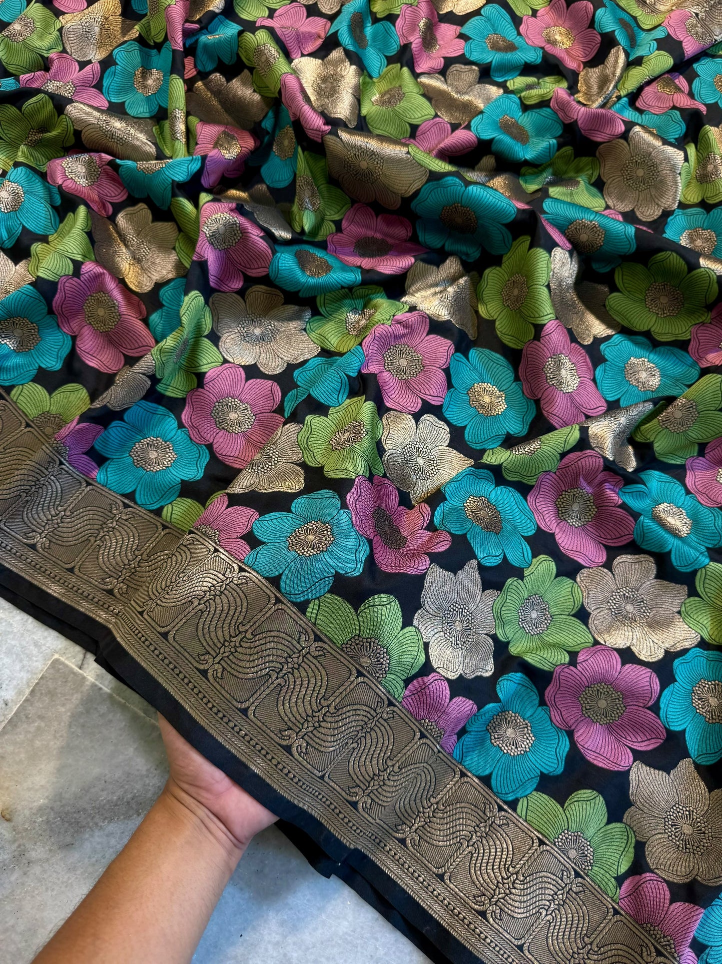 Black Nita Ambani Inspired Mashru Silk Saree with Multicolor Floral Weaving & Antique Gold Zari Border