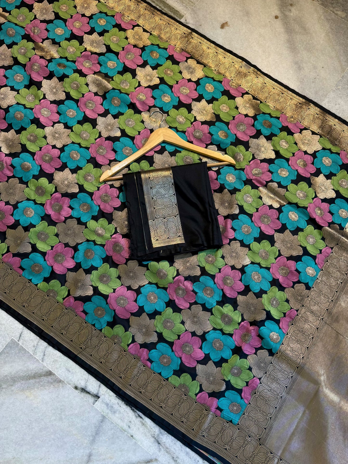 Black Nita Ambani Inspired Mashru Silk Saree with Multicolor Floral Weaving & Antique Gold Zari Border
