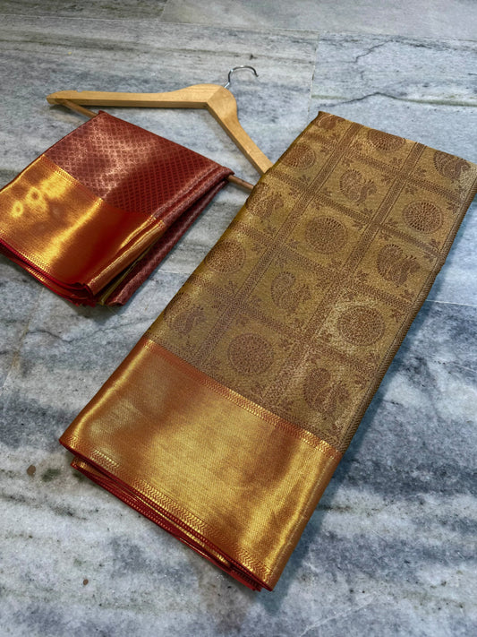 Nita Ambani Inspired Gold Tissue Silk Saree with Maroon Brocade Border & Mandala Zari Weaving