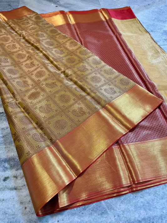 Nita Ambani Inspired Gold Tissue Silk Saree with Maroon Brocade Border & Mandala Zari Weaving