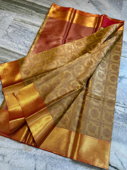 Nita Ambani Inspired Gold Tissue Silk Saree with Maroon Brocade Border & Mandala Zari Weaving