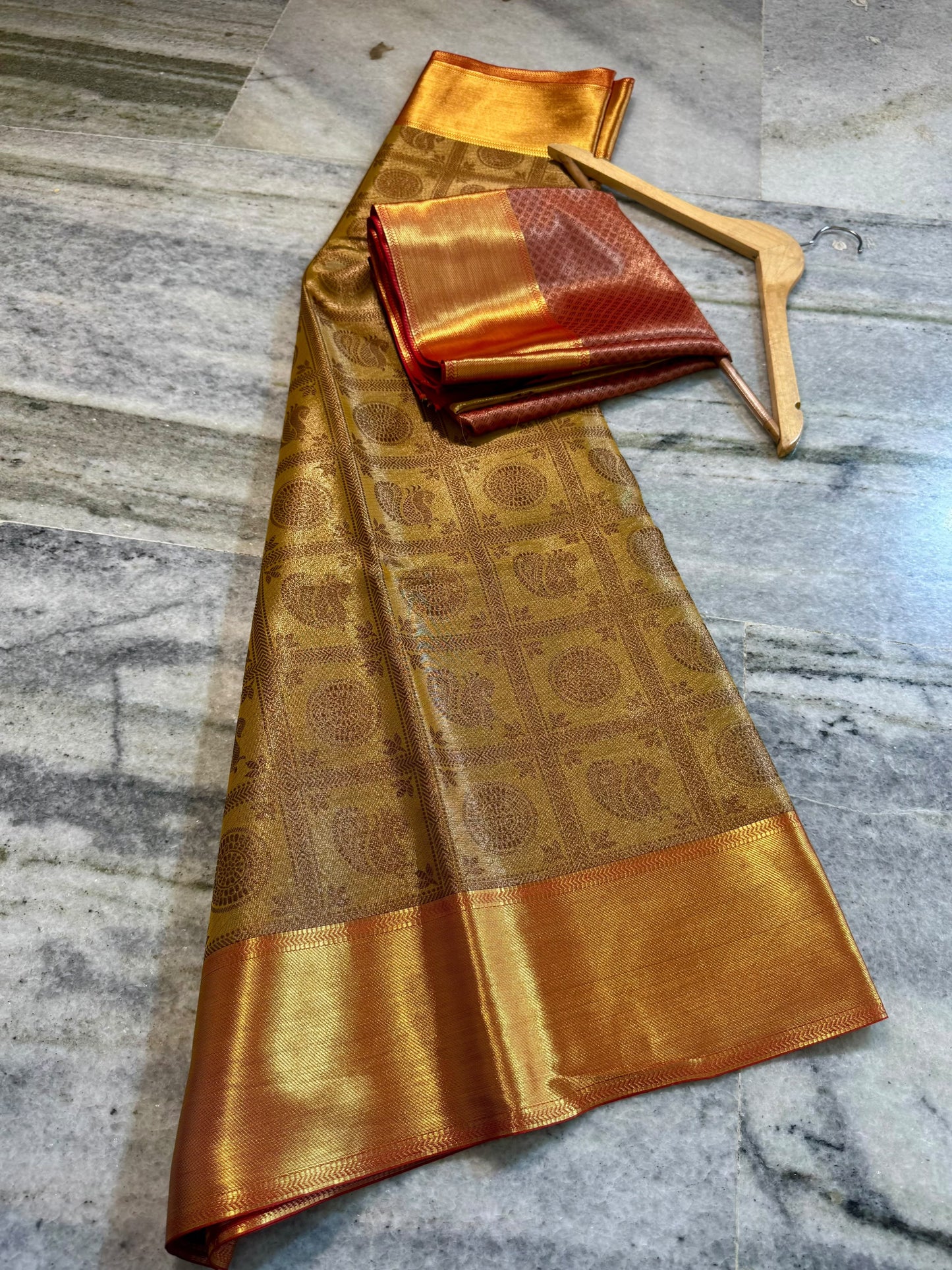 Nita Ambani Inspired Gold Tissue Silk Saree with Maroon Brocade Border & Mandala Zari Weaving