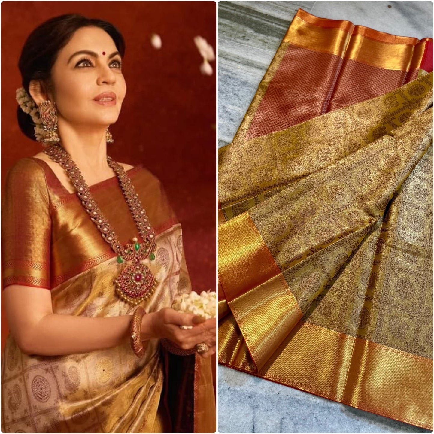 Nita Ambani Inspired Gold Tissue Silk Saree with Maroon Brocade Border & Mandala Zari Weaving