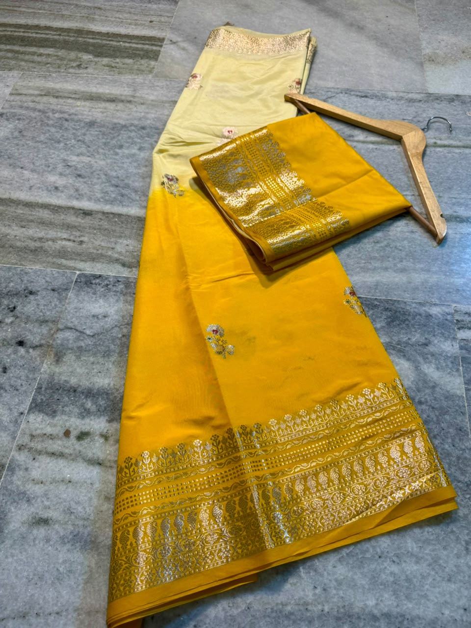 Raw Mango Cream and Yellow Silk Saree | Festive Silk Saree with Zari Border