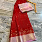 Red Katan Silk Saree with Pink Zari Border & Floral Weave | Traditional Indian Saree